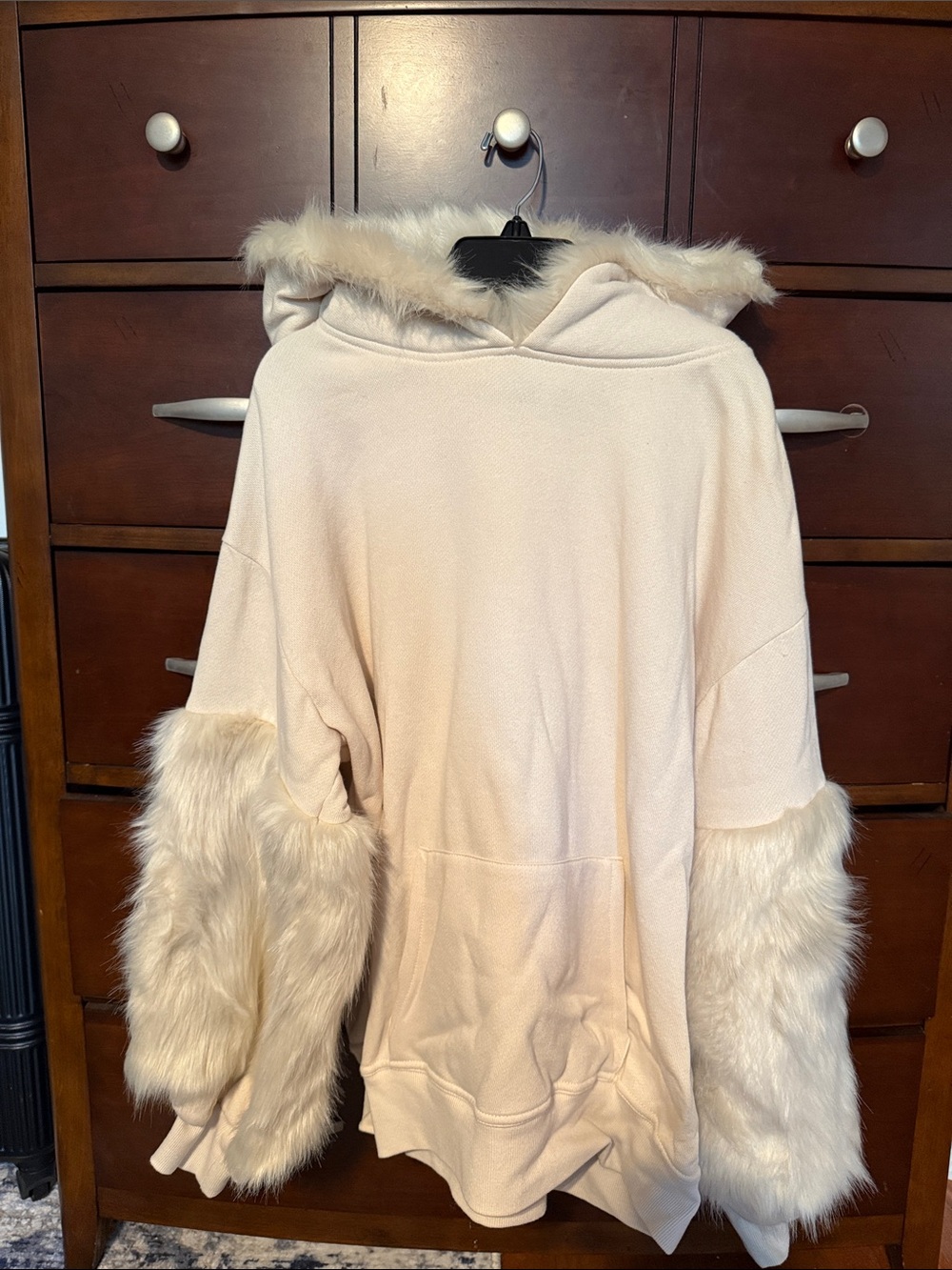 Express Cream Faux Fur Hooded Sweater